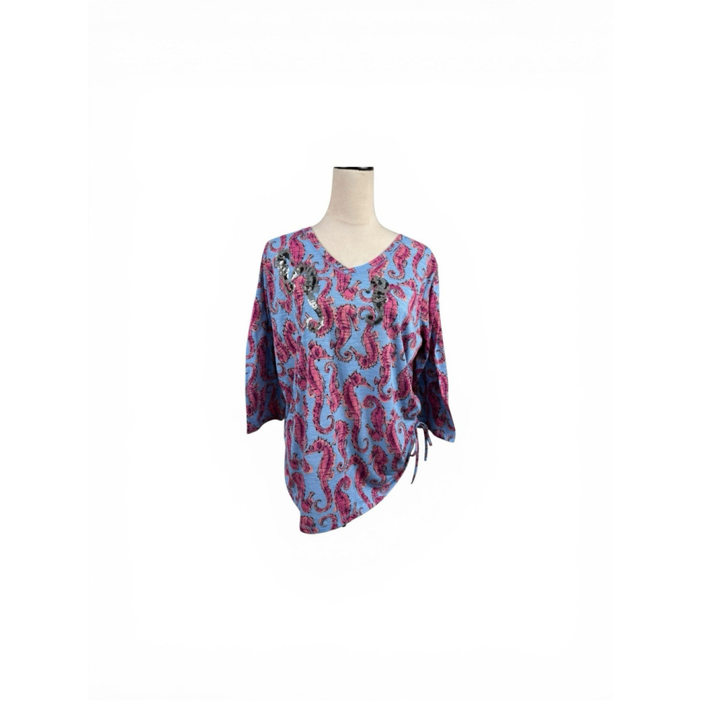 Onque Casuals sequin Seahorse ruched blouse Top Size 1X